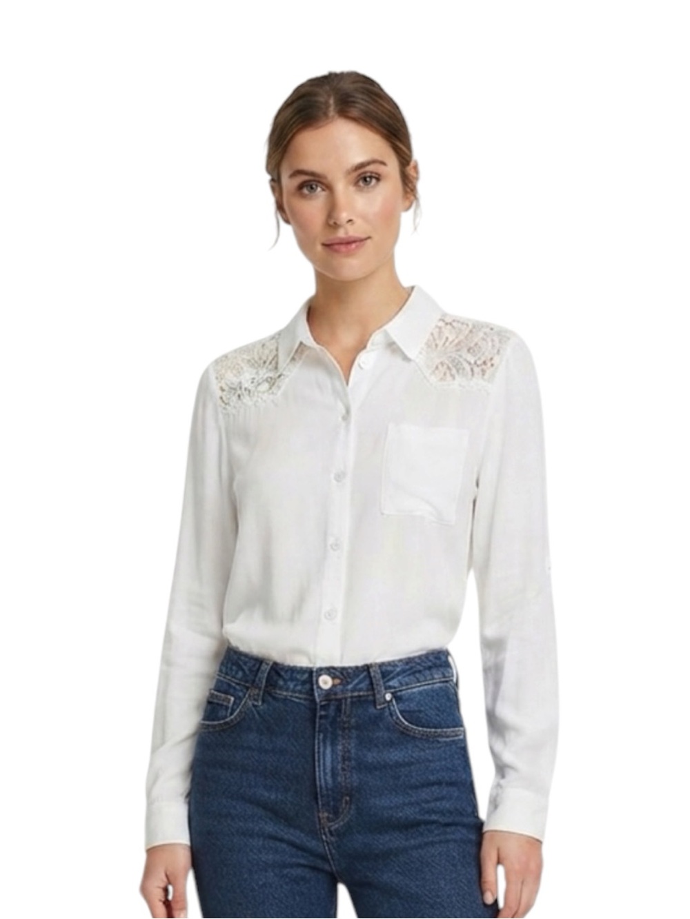 Papaya White Lace-Shoulder Button Down Shirt Size M